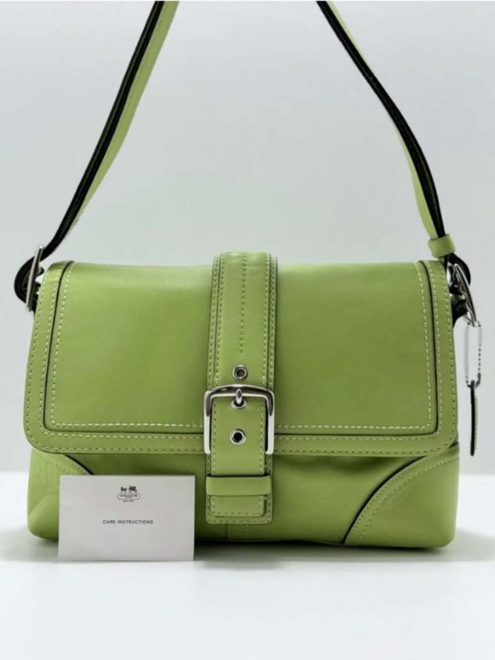 917 Coach Hampton Buckle Flap Crossbody Bag Light Green Silver F11196 RARE